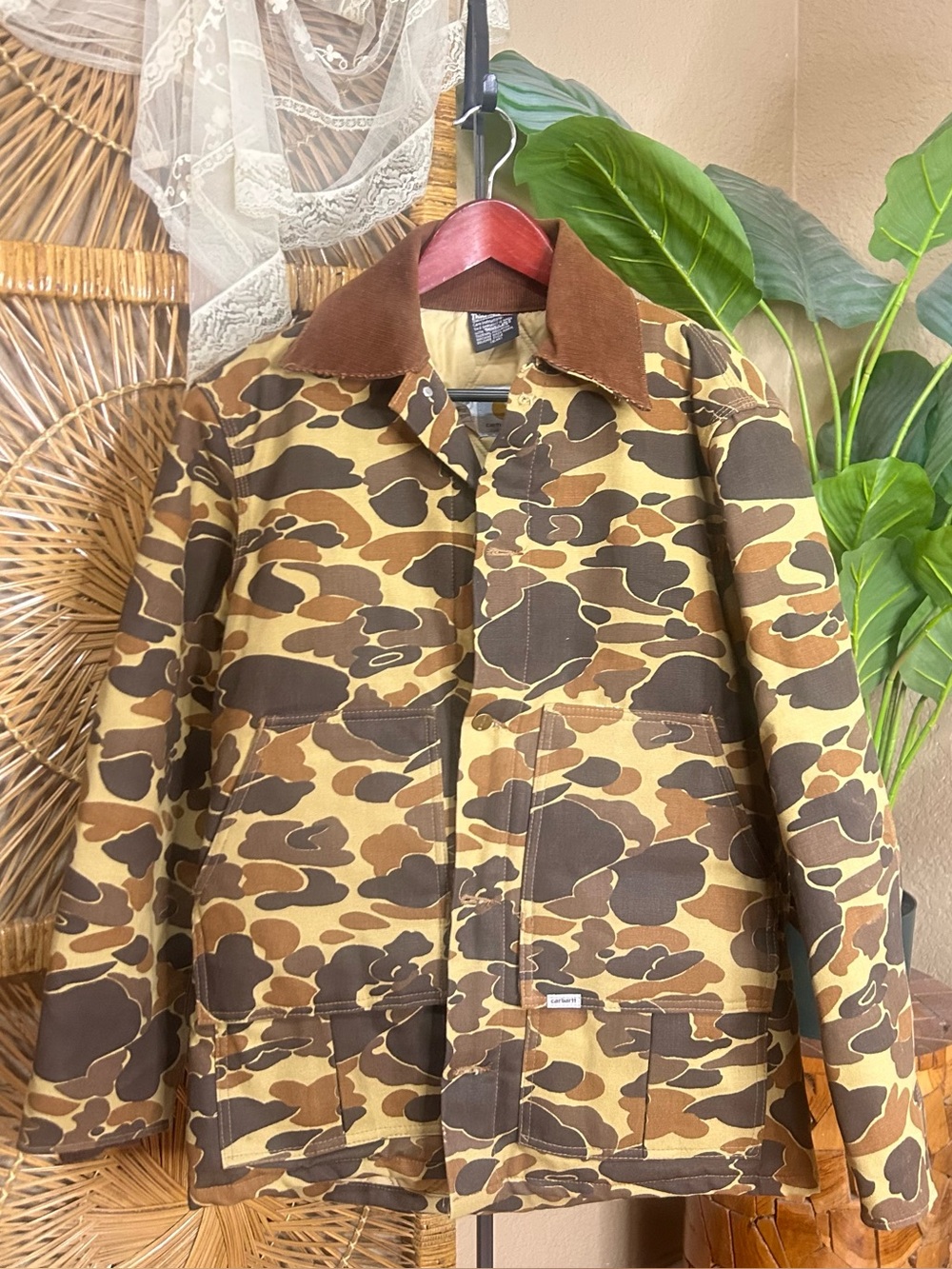 Vintage Carhartt Duck Camo Hunting Jacket Mens M Union Made USA with Game Bag